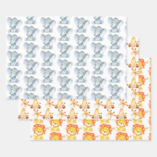 かわいい動物のサファリジャングルゾウキリンライオン ラッピングペーパーシート