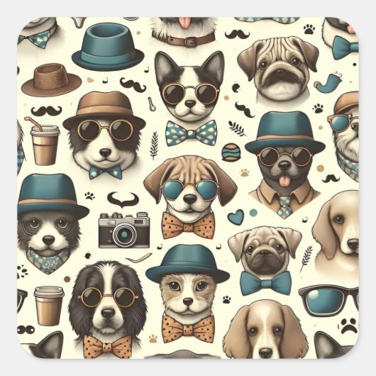 かわいい動物のデザイン継ぎ目のない犬と猫のパターン スクエアシール (正面)