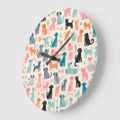 かわいい動物のデザイン継ぎ目のない犬と猫のパターン ラージ壁時計 (傾斜)
