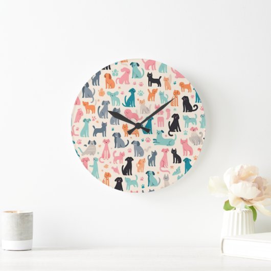 かわいい動物のデザイン継ぎ目のない犬と猫のパターン ラージ壁時計 (ホーム)
