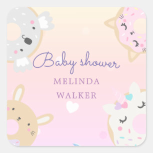 かわいい動物のドーナツmonogram baby shower スクエアシール