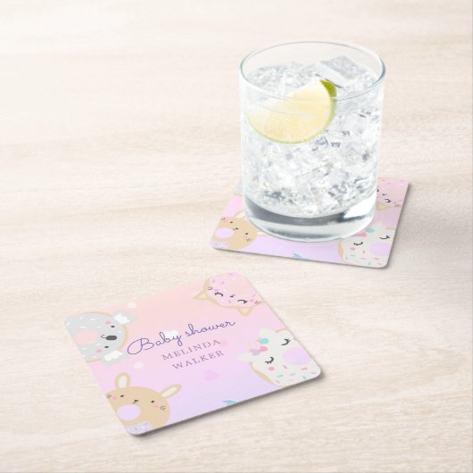 かわいい動物のドーナツmonogram baby shower スクエアペーパーコースター (インサイチュ)