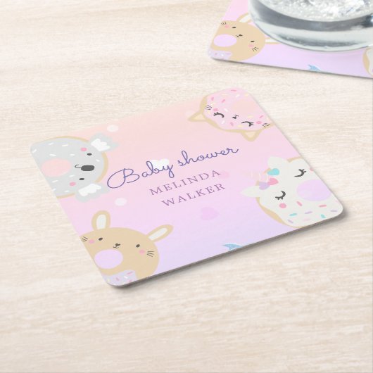 かわいい動物のドーナツmonogram baby shower スクエアペーパーコースター (アングル)