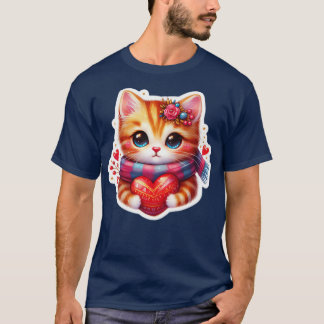 かわいい動物のハート付き猫バレンタインデーTシャツ Tシャツ