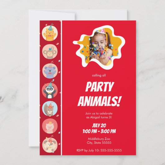 かわいい動物のパーティー帽子と写真ハッピーバースデー 招待状 (正面)