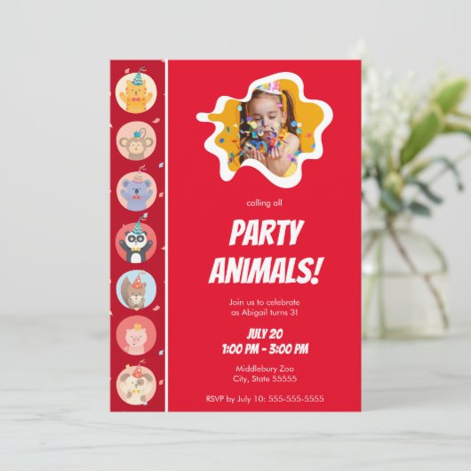 かわいい動物のパーティー帽子と写真ハッピーバースデー 招待状 (スタンド正面)