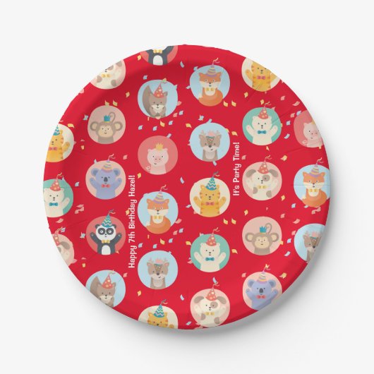 かわいい動物のパーティー帽子の子供の赤いハッピーバースデー ペーパープレート (正面)