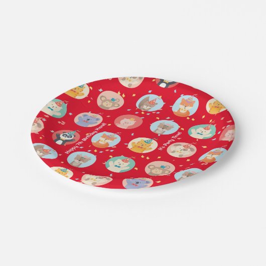 かわいい動物のパーティー帽子の子供の赤いハッピーバースデー ペーパープレート (アングル)