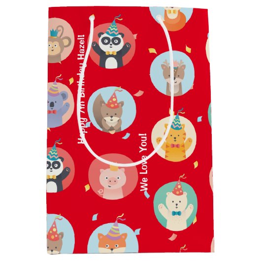 かわいい動物のパーティー帽子の子供の赤いハッピーバースデー ミディアムペーパーバッグ (正面)