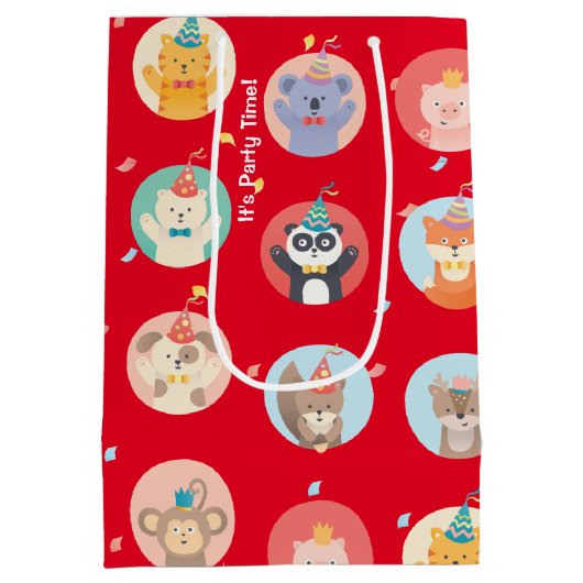 かわいい動物のパーティー帽子の子供の赤いハッピーバースデー ミディアムペーパーバッグ (裏面)