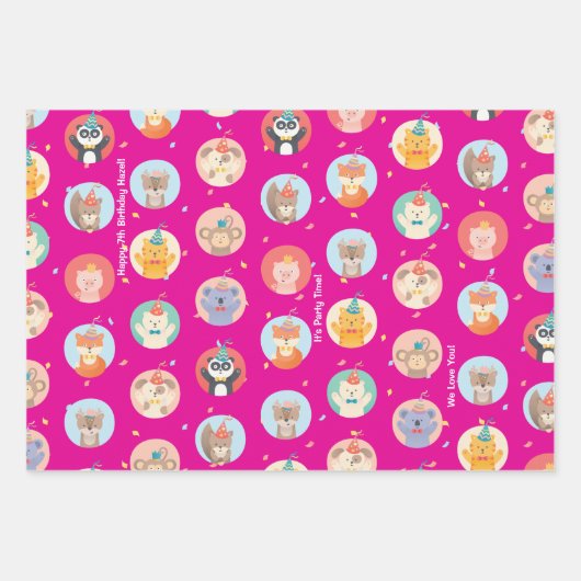 かわいい動物のパーティー帽子の子供の赤いハッピーバースデー ラッピングペーパーシート (正面2)