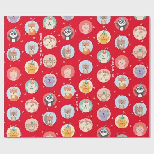 かわいい動物のパーティー帽子の子供の赤いハッピーバースデー ラッピングペーパー (フラット)