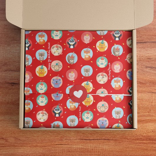 かわいい動物のパーティー帽子の子供の赤いハッピーバースデー 薄葉紙