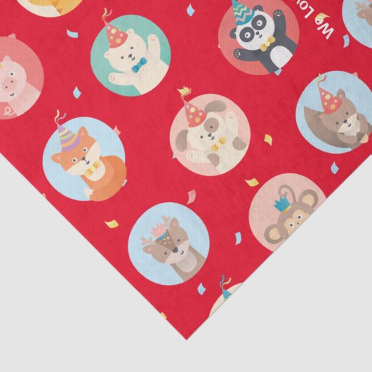 かわいい動物のパーティー帽子の子供の赤いハッピーバースデー 薄葉紙 (詳細)