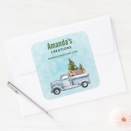 かわいい動物のビジネスとクリスマストラック スクエアシール (封筒)