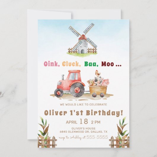 かわいい動物のファーム誕生日パーティー 招待状 (正面)