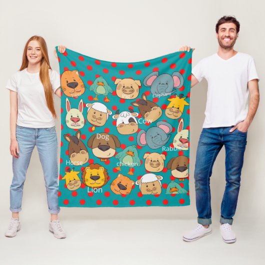 かわいい動物のファーム赤いドット青の子供 フリースブランケット (インサイチュ)