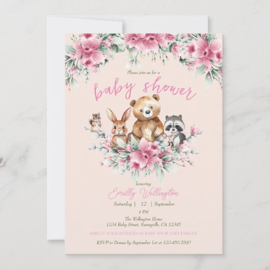 かわいい動物のフローラピーチピンクの女の子の赤ちゃんシャワー 招待状 (正面)