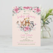 かわいい動物のフローラピーチピンクの女の子の赤ちゃんシャワー 招待状 (スタンド正面)