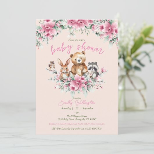 かわいい動物のフローラピーチピンクの女の子の赤ちゃんシャワー 招待状 (スタンド正面)