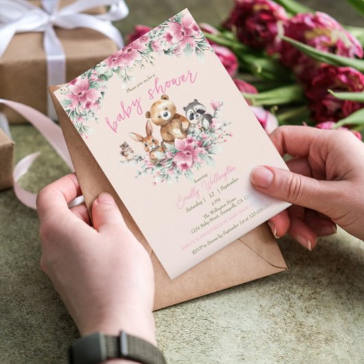 かわいい動物のフローラピーチピンクの女の子の赤ちゃんシャワー 招待状