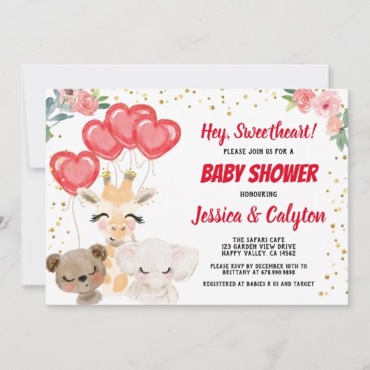 かわいい動物のマスクをメールでバレンタインの赤ちゃんシャワー 招待状 (正面)