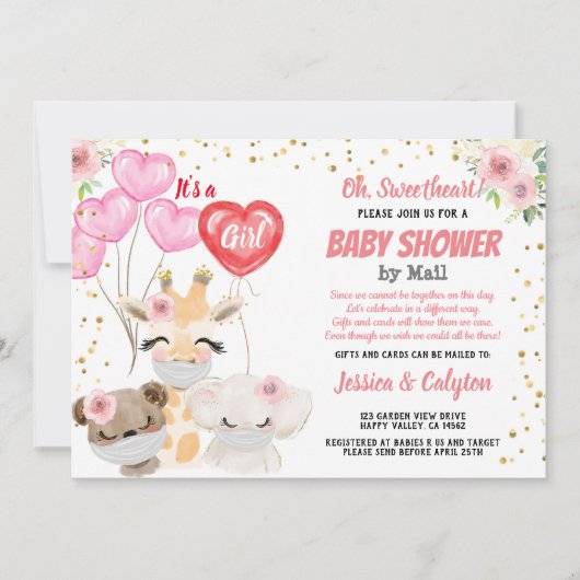 かわいい動物のマスクを郵送でシャワーを浴びる女の子 招待状 (正面)