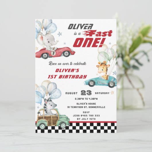 かわいい動物のレース車1st誕生日ファストワン 招待状 (スタンド正面)