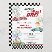 かわいい動物のレース車1st誕生日ファストワン 招待状 (正面/裏面)