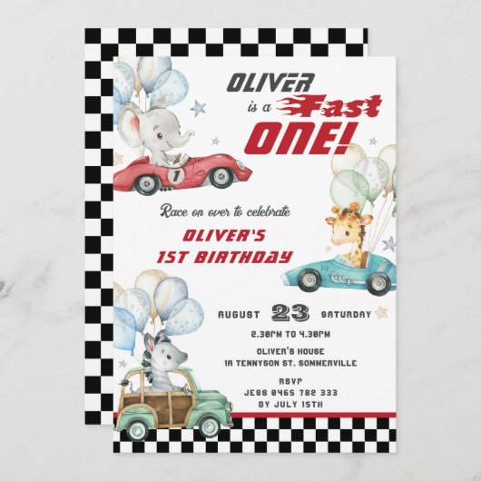 かわいい動物のレース車1st誕生日ファストワン 招待状 (正面/裏面)