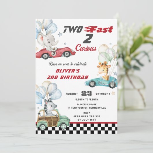 かわいい動物のレース車2nd誕生日2速 招待状 (スタンド正面)
