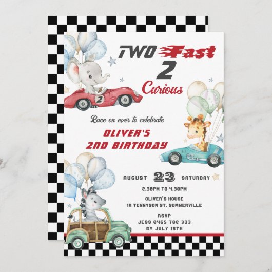 かわいい動物のレース車2nd誕生日2速 招待状 (正面/裏面)