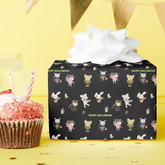かわいい動物の不気味なハロウィーン ラッピングペーパー (誕生日パーティー)