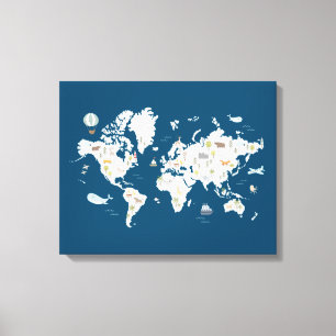 かわいい動物の世界地図 キャンバスプリント