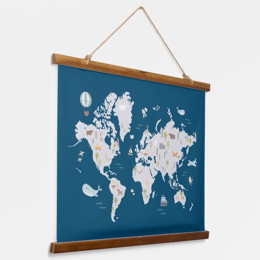 かわいい動物の世界地図 吊り下げ型タペストリー (傾斜あり)