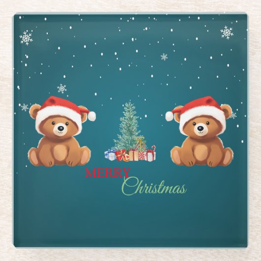 かわいい動物の冬のクマのサンタクリスマスツリー ガラスコースター (正面)