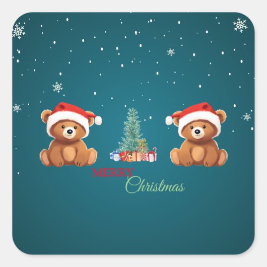 かわいい動物の冬のクマのサンタクリスマスツリー スクエアシール (正面)