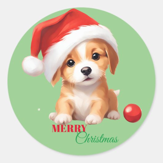 かわいい動物の冬の子犬サンタ・クリスマス ラウンドシール (正面)