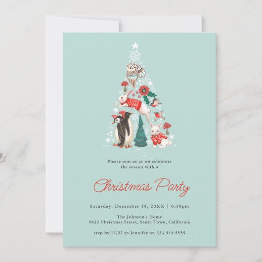 かわいい動物の冬の森のクリスマスパーティー 招待状 (正面)