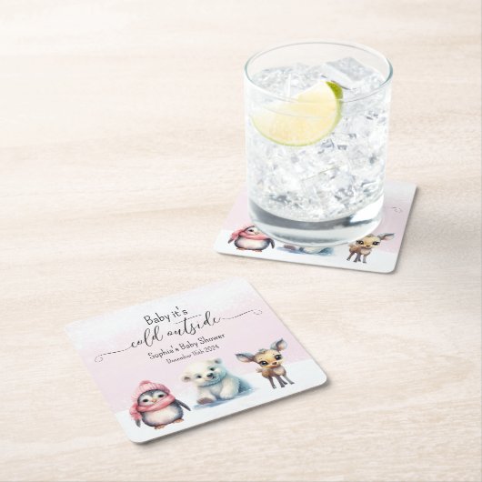 かわいい動物の冬の赤ちゃんガールシャワー スクエアペーパーコースター (インサイチュ)