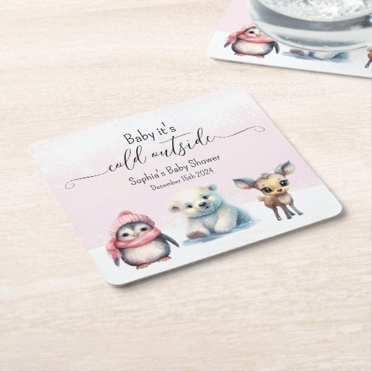 かわいい動物の冬の赤ちゃんガールシャワー スクエアペーパーコースター (アングル)