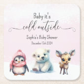かわいい動物の冬の赤ちゃんガールシャワー スクエアペーパーコースター (正面)