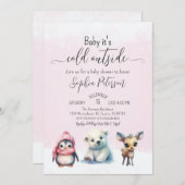 かわいい動物の冬の赤ちゃんガールシャワー 招待状 (正面/裏面)