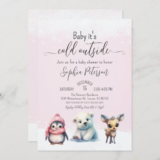 かわいい動物の冬の赤ちゃんガールシャワー 招待状 (正面/裏面)