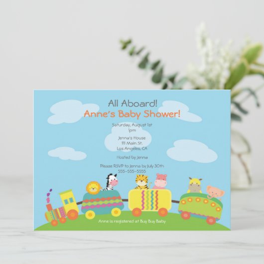 かわいい動物の列車のベビーシャワーの招待状 招待状 (スタンド正面)