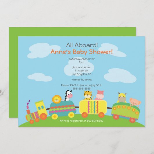 かわいい動物の列車のベビーシャワーの招待状 招待状 (正面/裏面)