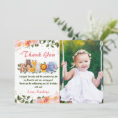 かわいい動物の友人ピンクのフローラ誕生日写真 サンキューカード (スタンド正面)