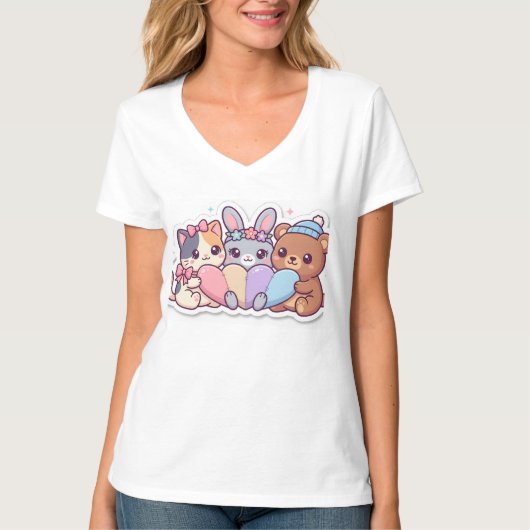 かわいい動物の友達ハートTシャツ Tシャツ (正面)
