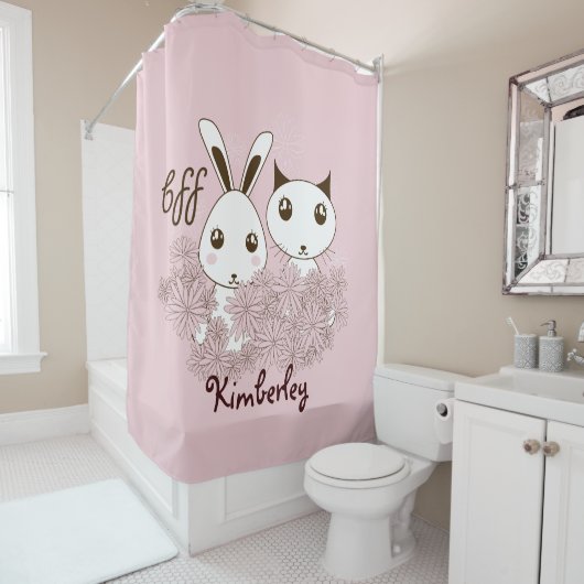 かわいい動物の友達ピンクの女の子たち シャワーカーテン (インサイチュ)