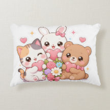 かわいい動物の友達 ハートと花の枕